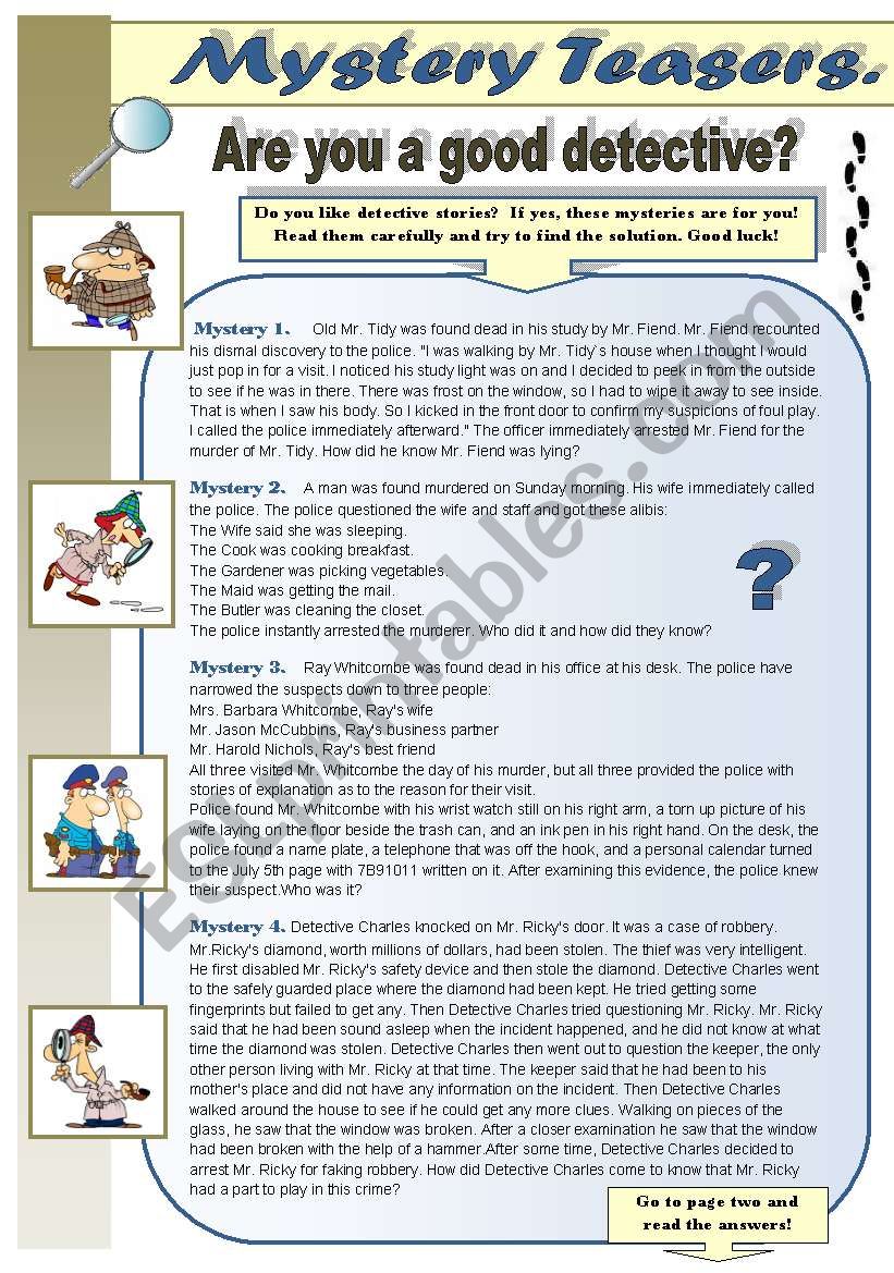 MYSTERY TEASERS! PART 1 - reading activity - amazing detective brain teasers for you and your students (WITH KEYS)