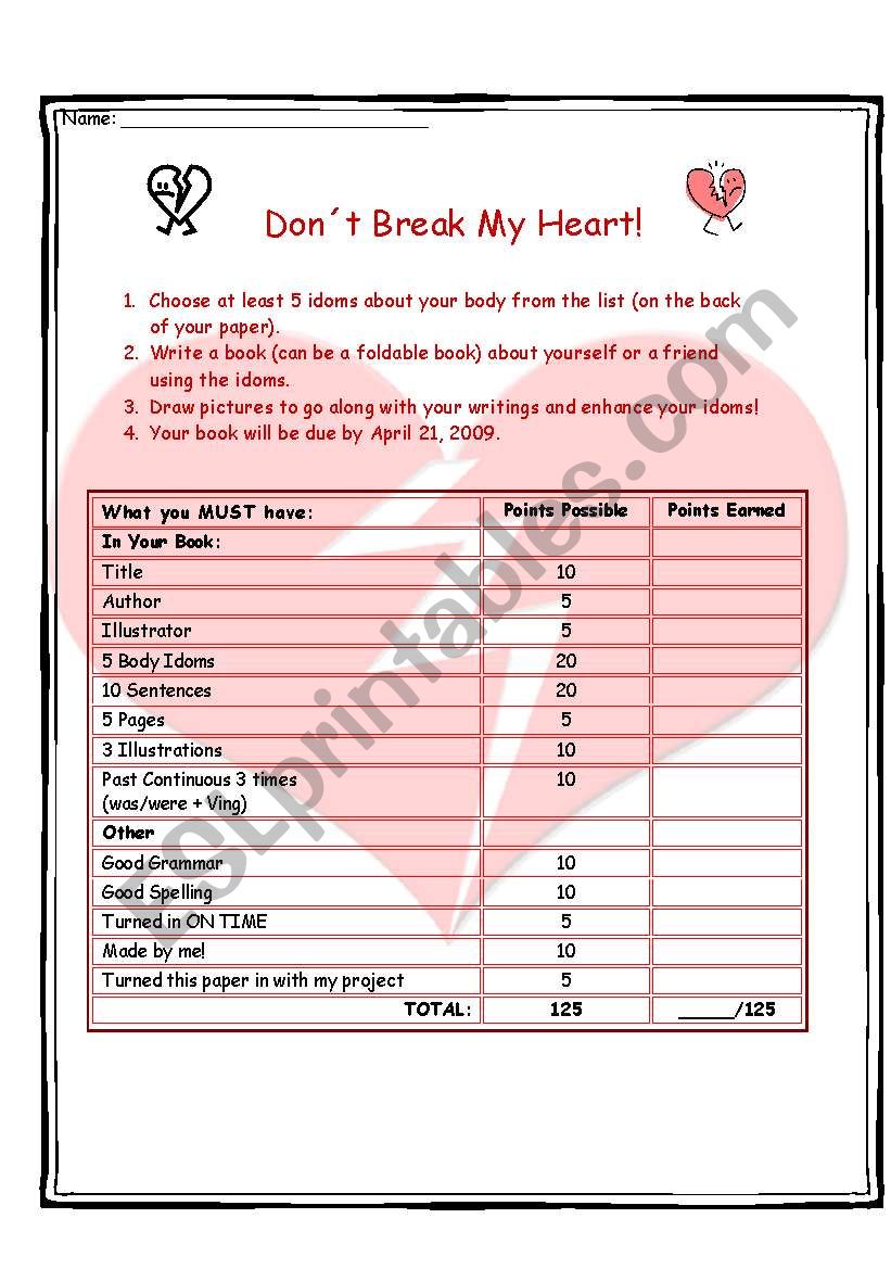 Body Idioms Project Rubric worksheet