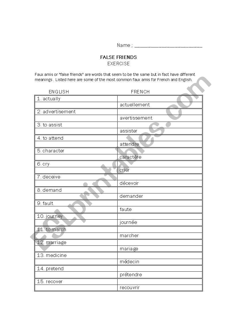 False Friends worksheet