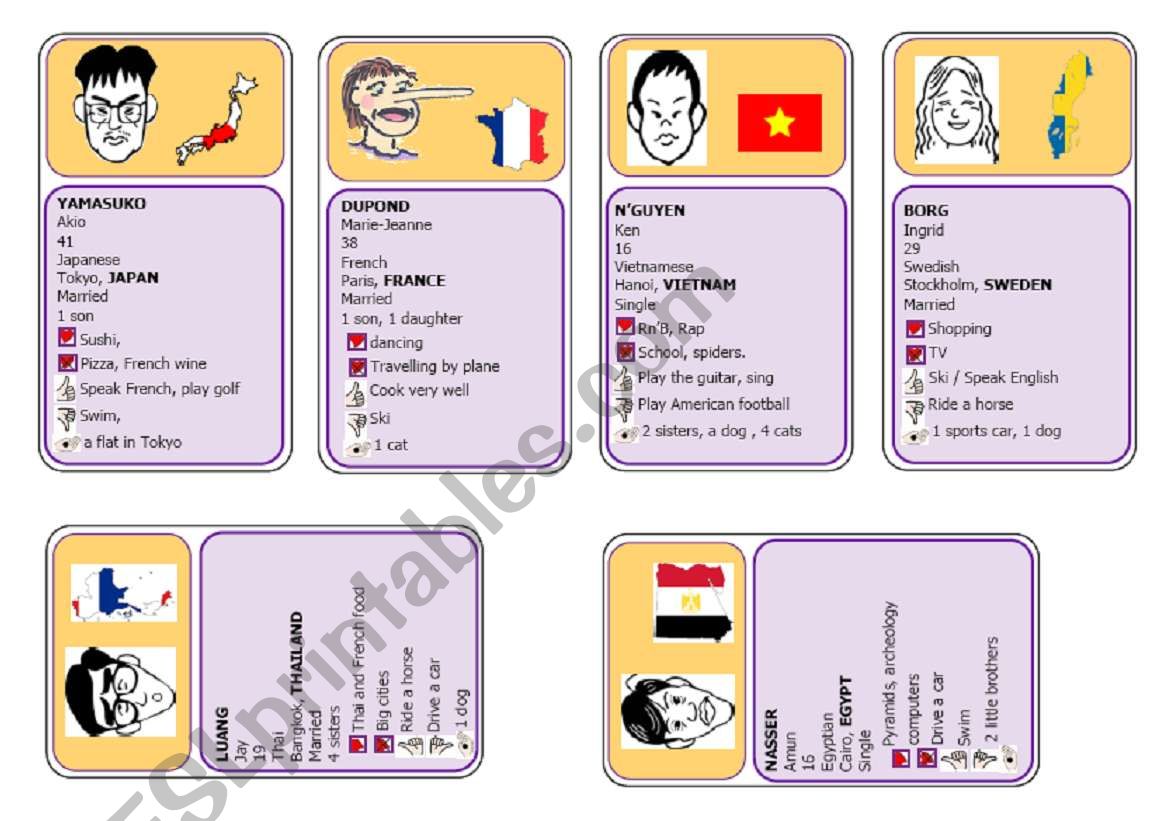 Wanneer vermijden Salie CARD GAMES 1/3 - Identity+Likes+CAN+Possession (6cards/24) - ESL worksheet  by kristglo