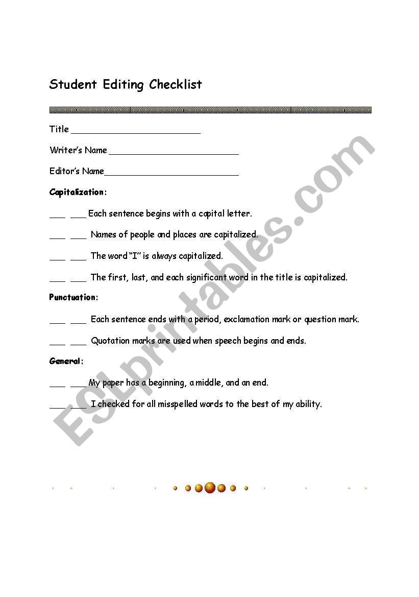 Student Editing Checklist worksheet