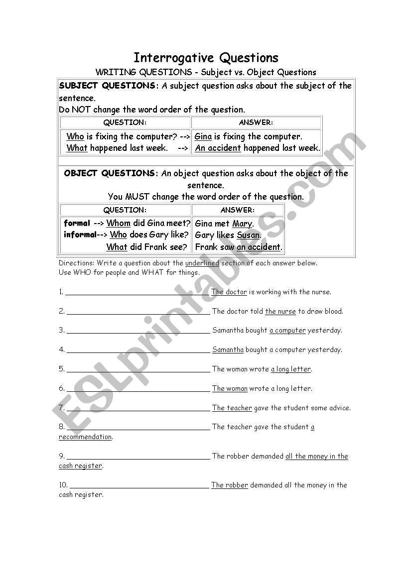 Question words worksheet