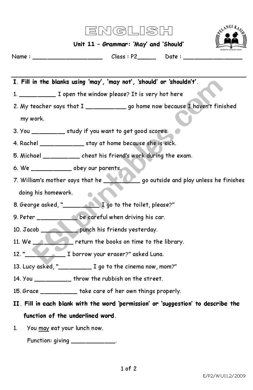 May and Should Exercise worksheet