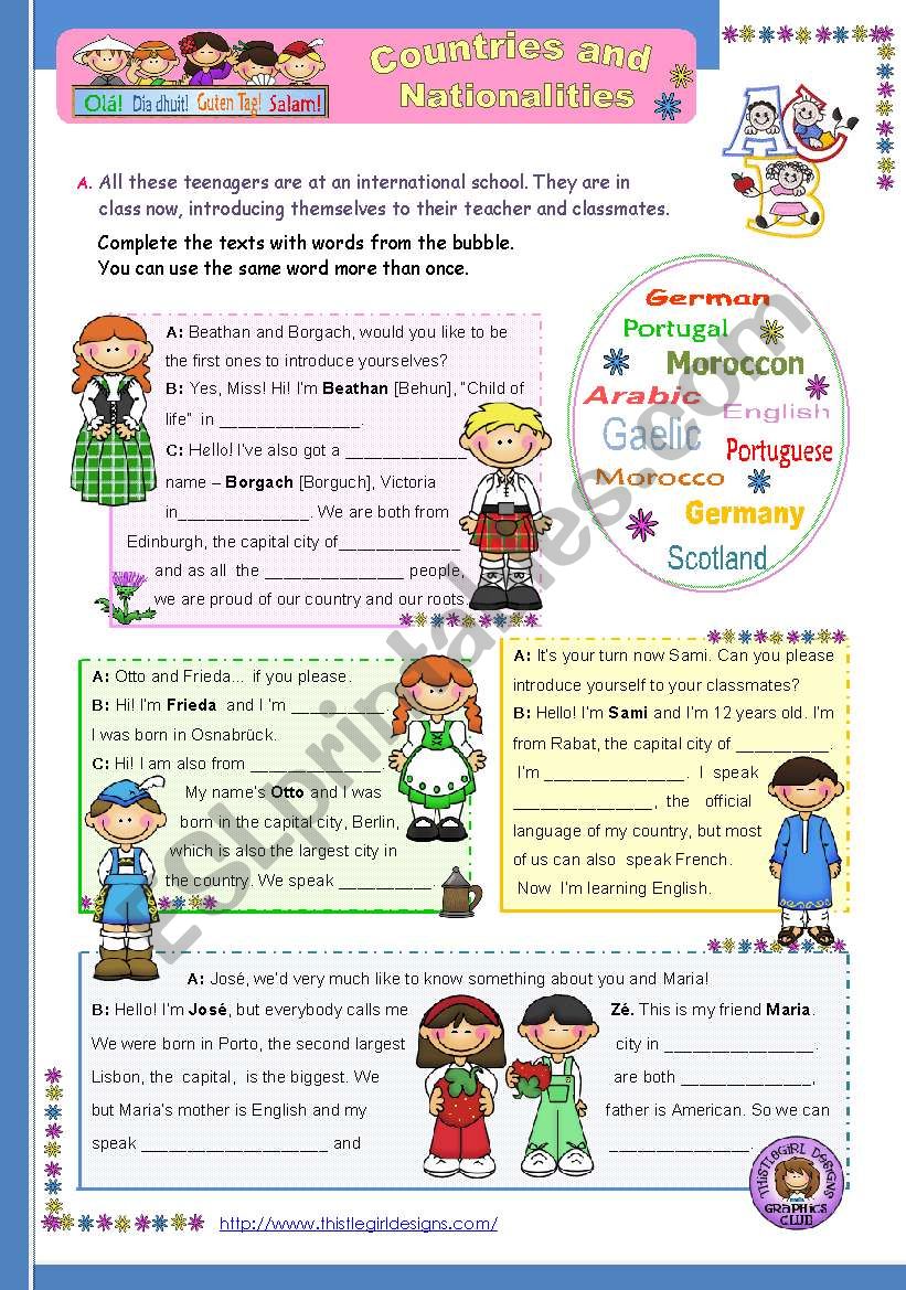 Countries and nationalities   (1st in a series of 4) - a 2-page-Reading comprehension for Elementary or Lower Intermediate students