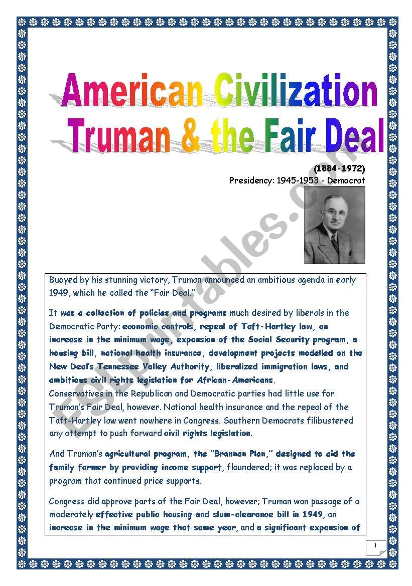 American CIVILIZATION series = Truman & the FAIR DEAL= COMPREHENSIVE PROJECT (printer-friendly, 4 pages, 21 tasks)