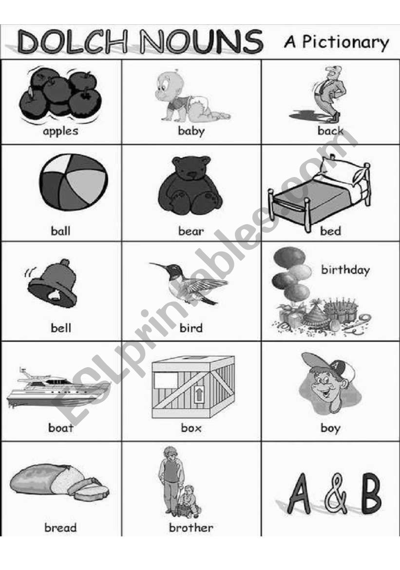 Pictionary- DOLCH NOUNS The Top Sight words Blackline CopyMasters Part 1: 4 pages
