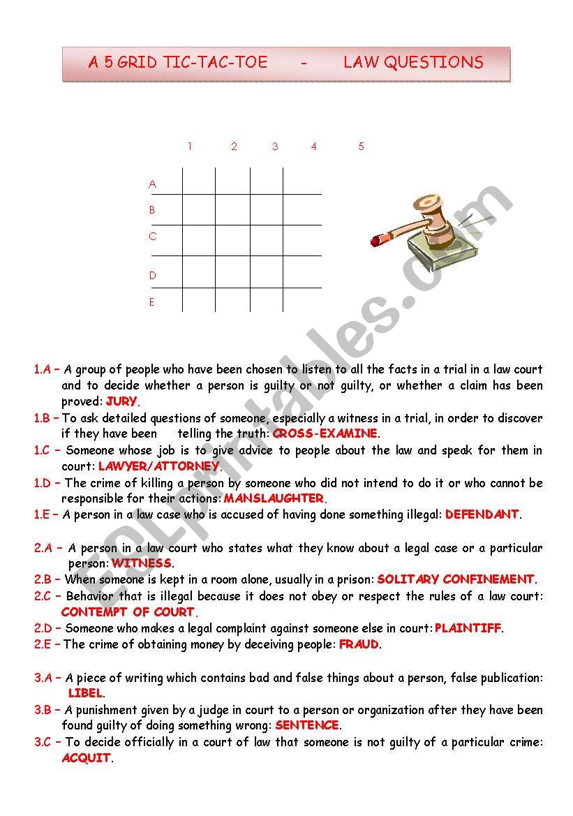 TIC-TAC-TOE - LAW QUESTIONS worksheet