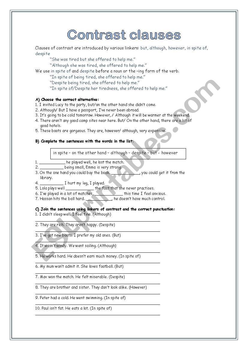 CONTRAST CLAUSES worksheet