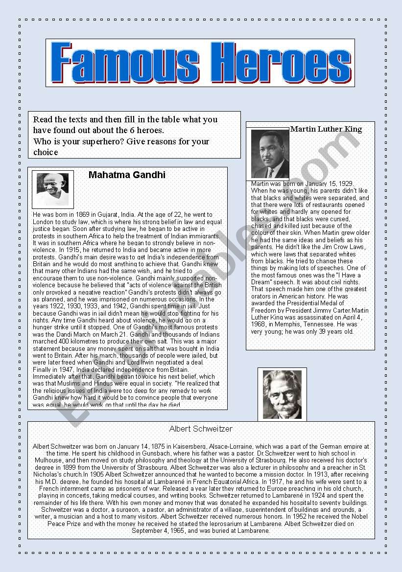 Famous heroes worksheet