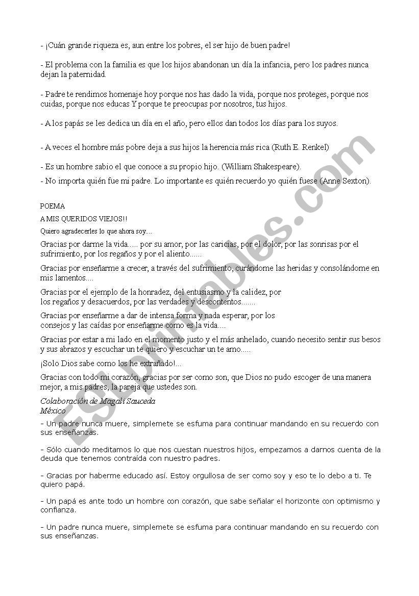Fathers poem worksheet