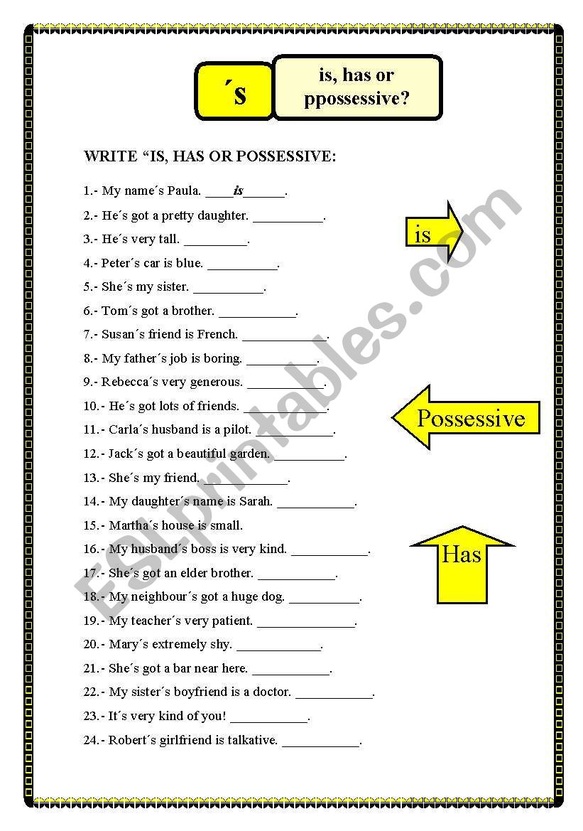 S: is, has or possessive? worksheet