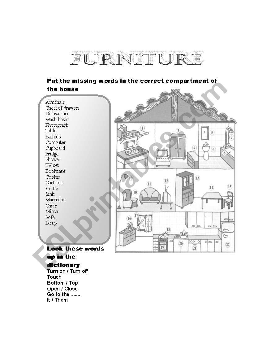 Funture in the house worksheet