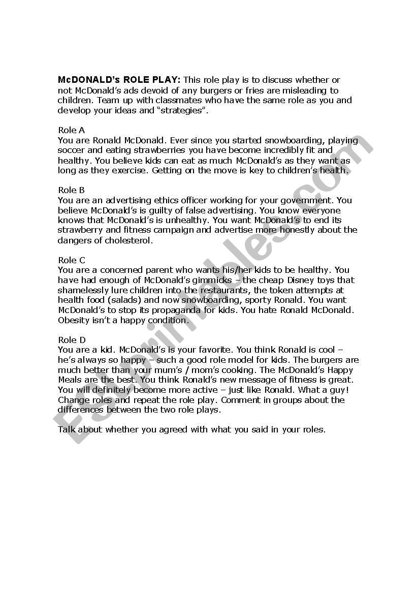 Role Playing worksheet