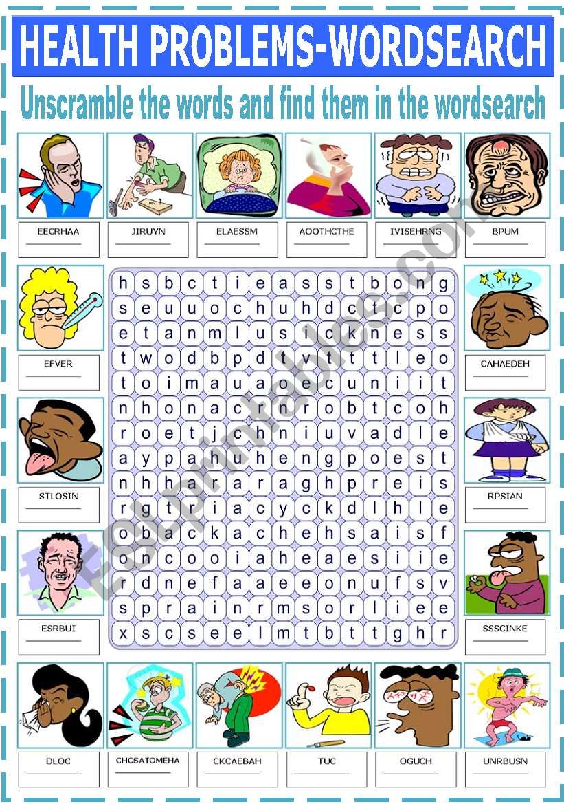 HEALTH PROBLEMS - WORDSEARCH worksheet