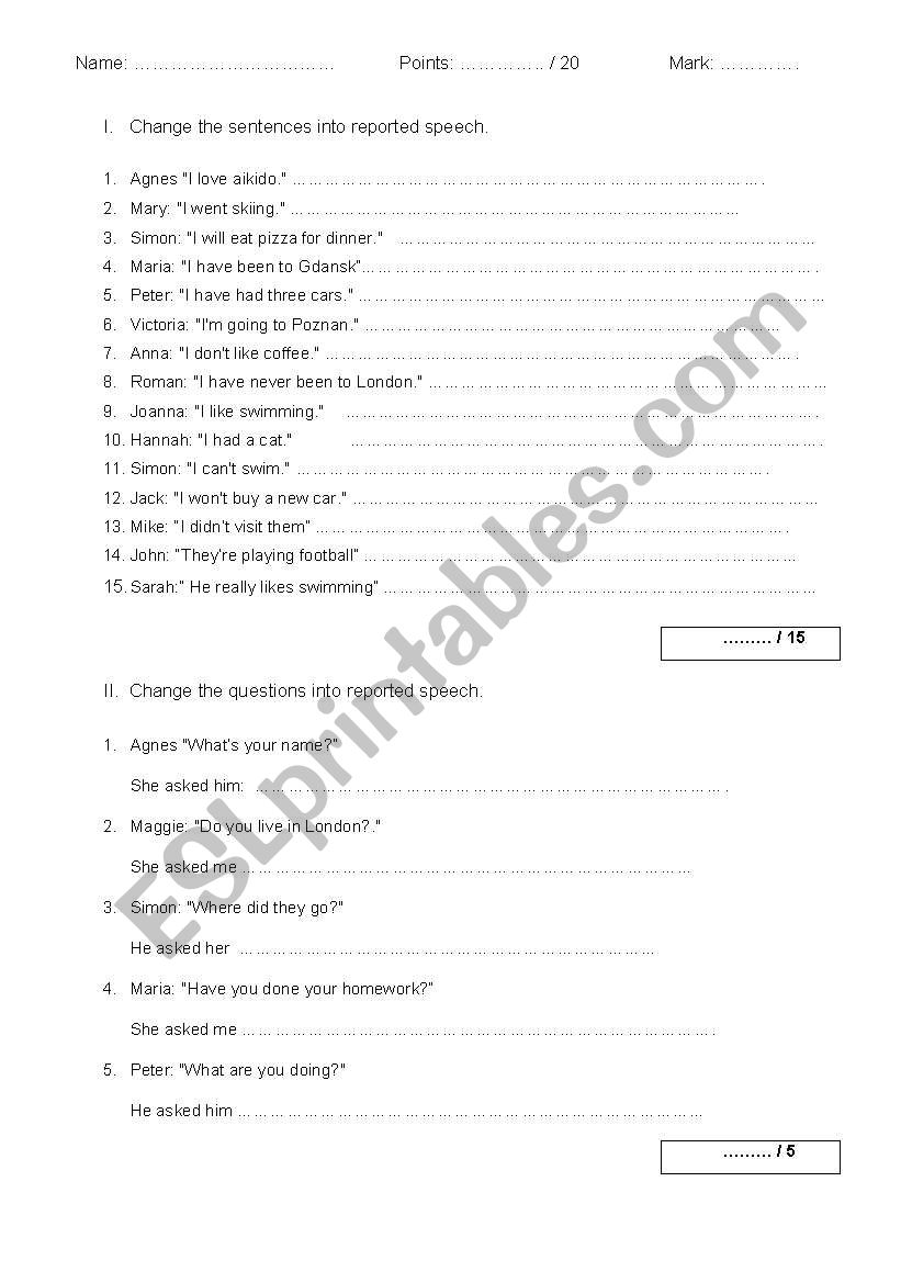 Reported speech - test worksheet