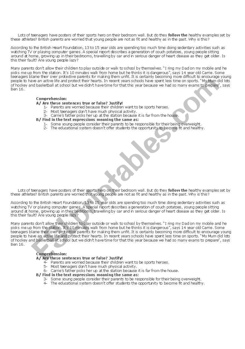 British teenagersÂ´ health  worksheet