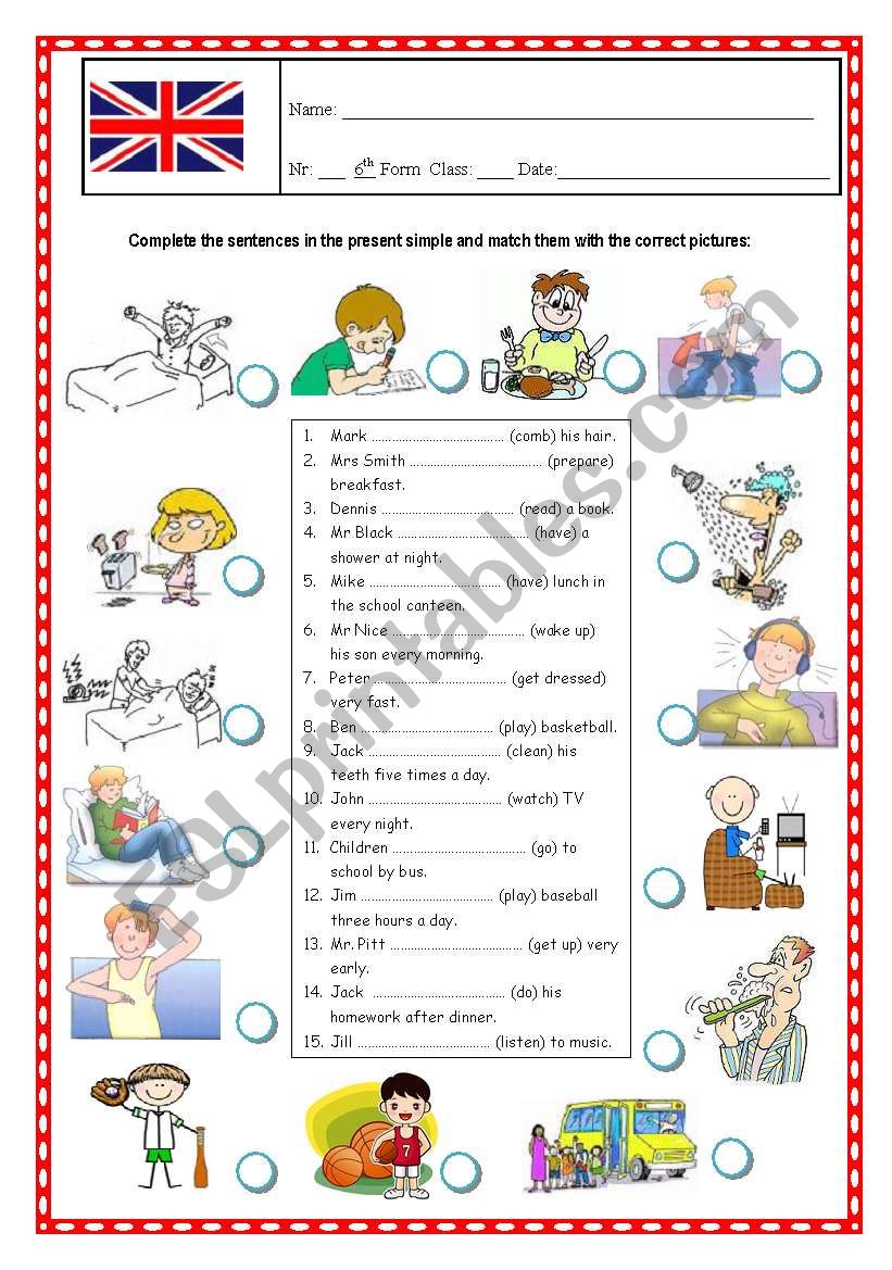 Action Verbs- matching worksheet