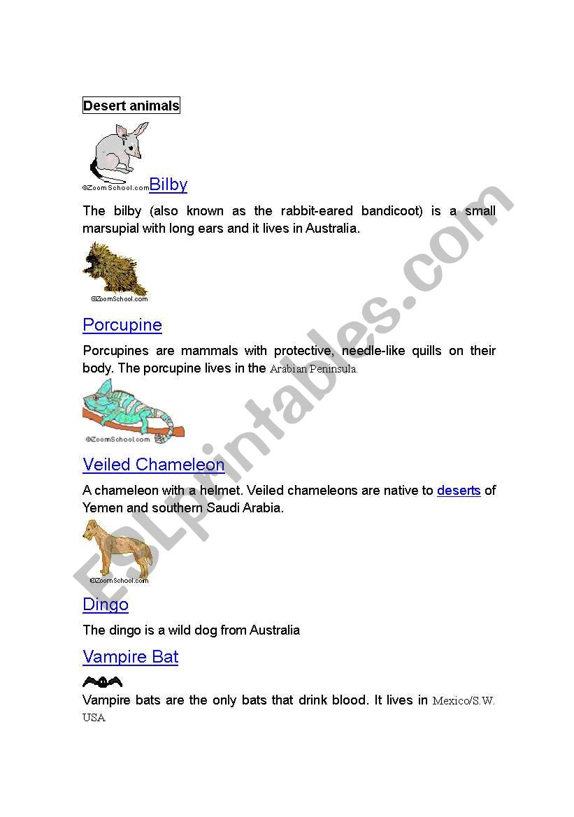 Desert animals worksheet