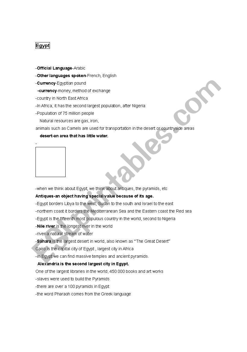 Egypt worksheet