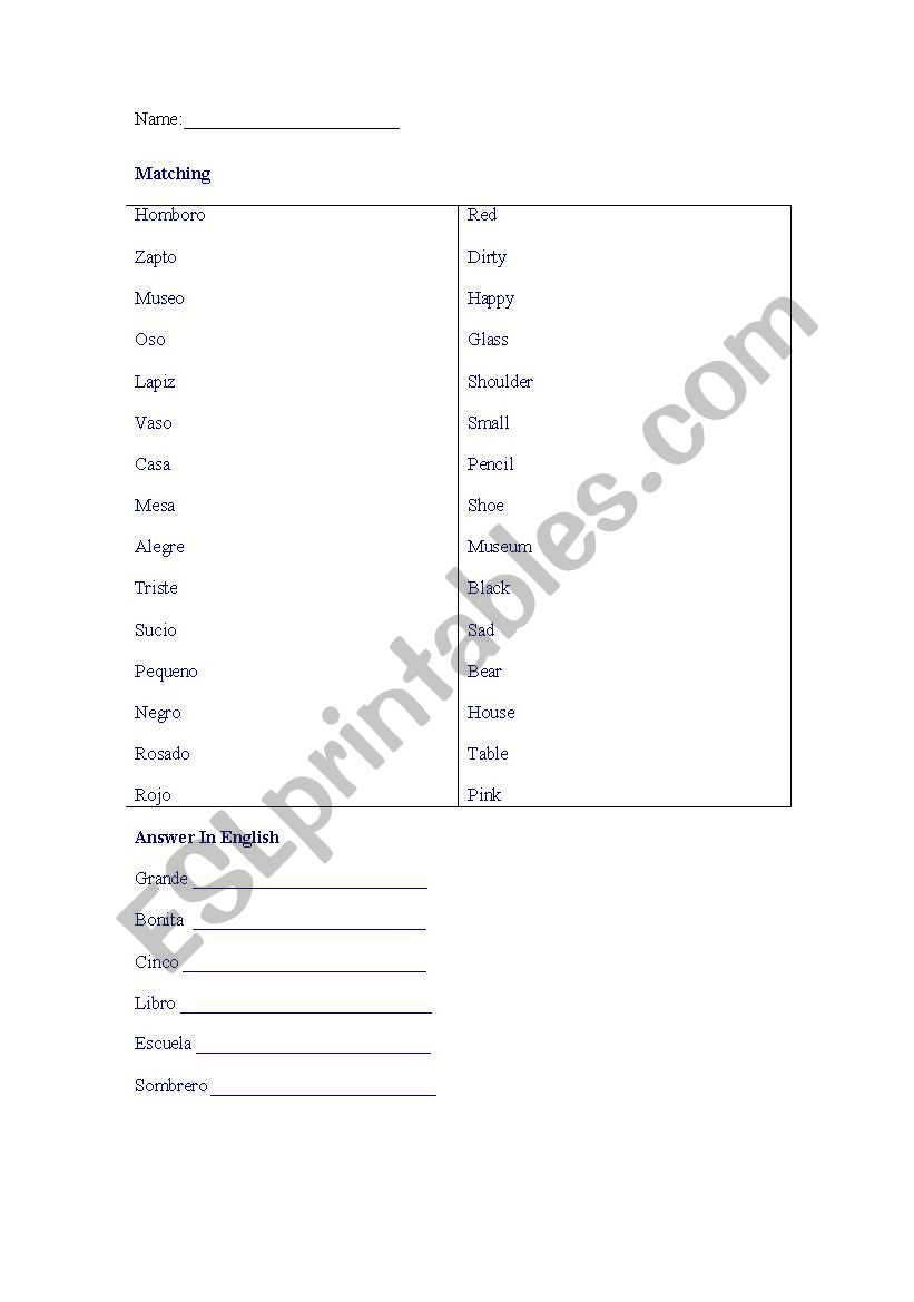 Elementary Spanish Test worksheet