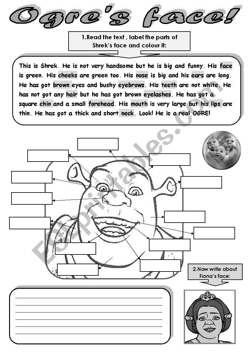 OGRES FACE! - READING, WRITING, COLOURING AND MATCHING ACTIVITY.