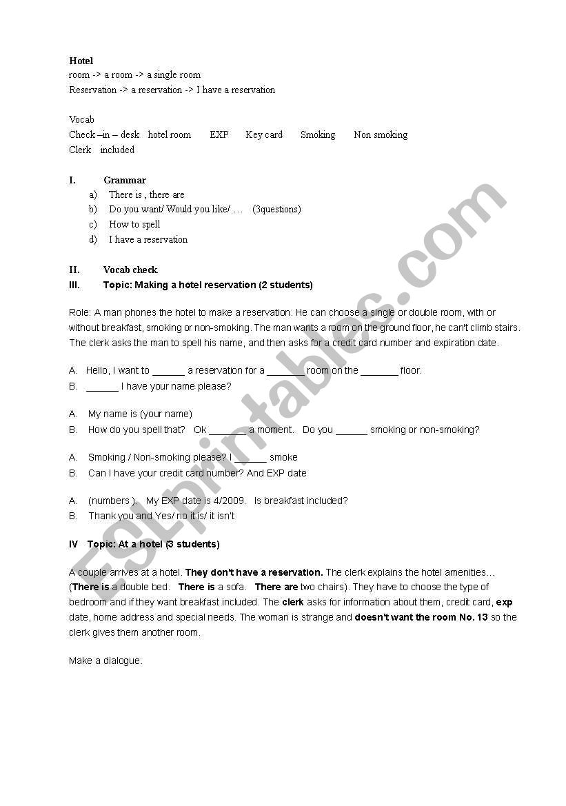 Hotel Reservation worksheet