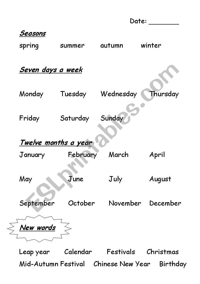 Seasons,Days,Months worksheet