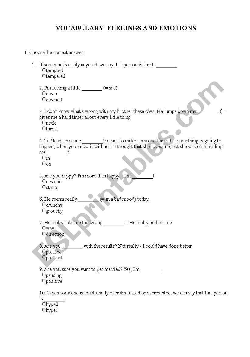 feelings and emotions adjectives idioms