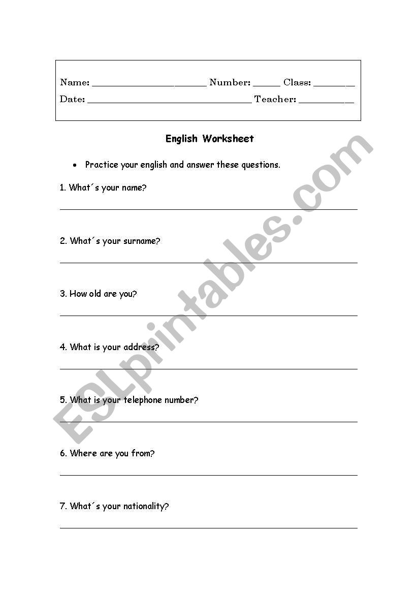 Personal identification worksheet