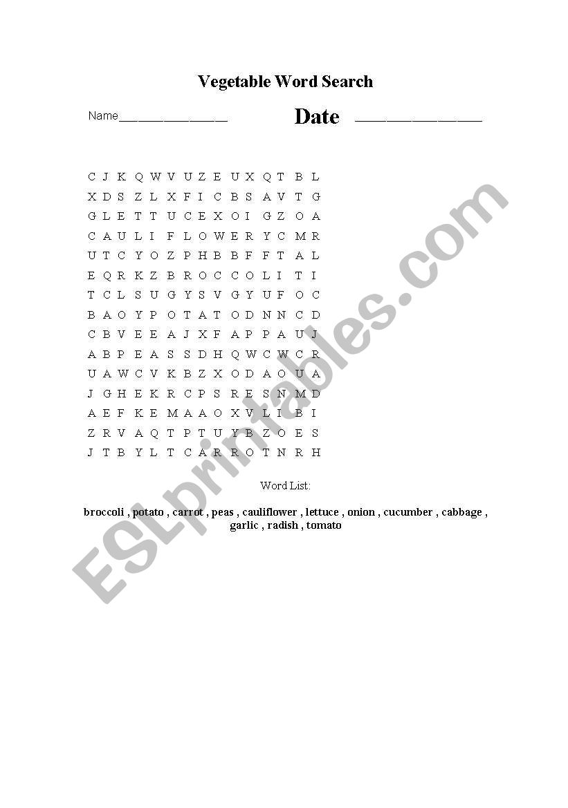 vegetables wordsearch worksheet