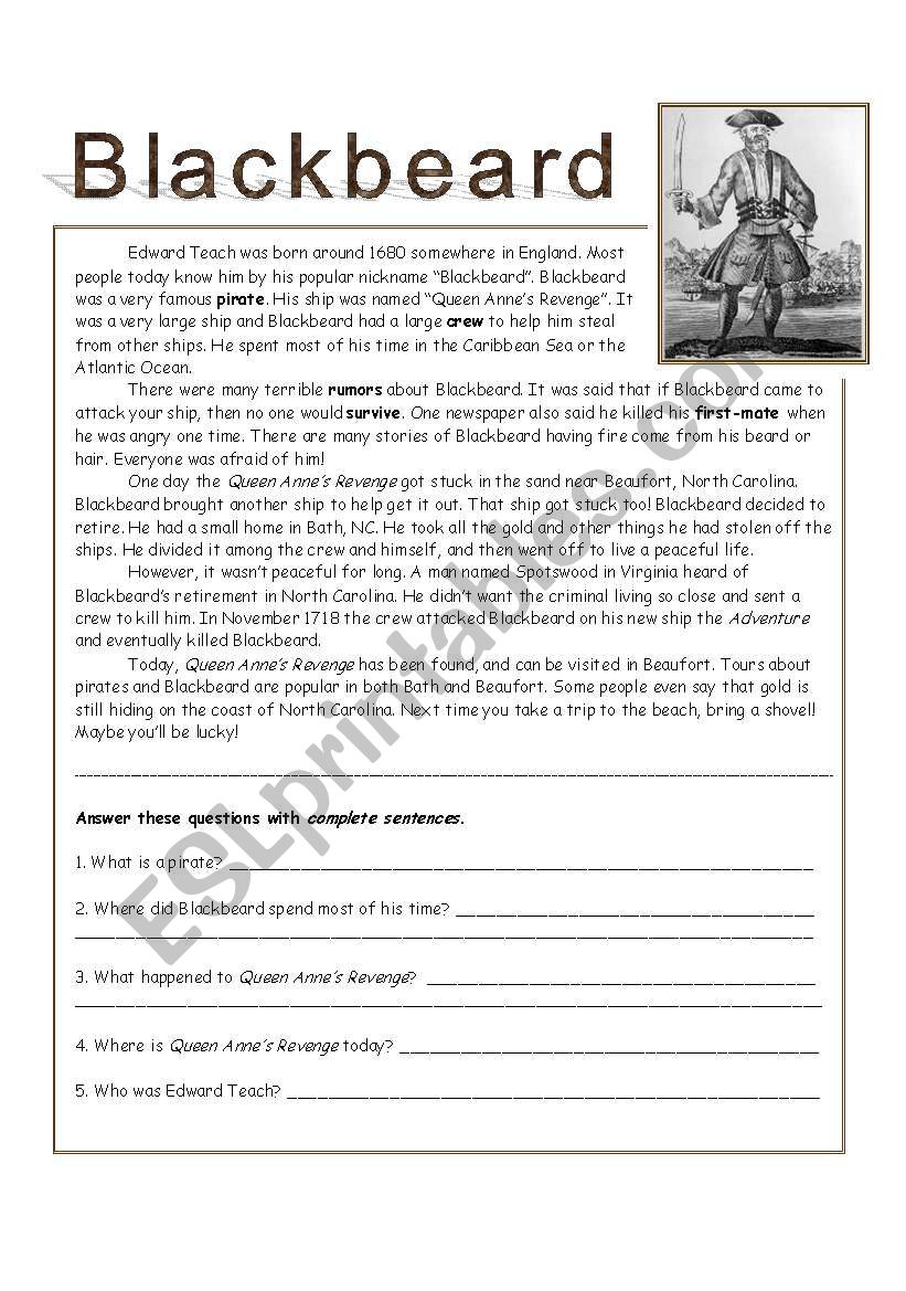 Blackbeard the Pirate worksheet