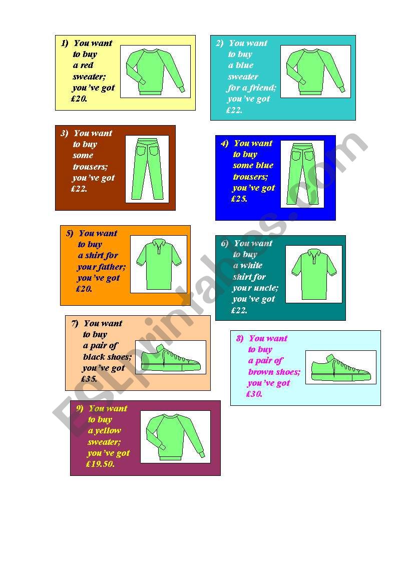 LetÂ´s go shopping - activity cards and sample dialogue (2 pages)