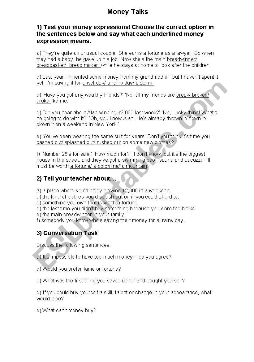 Money talks worksheet