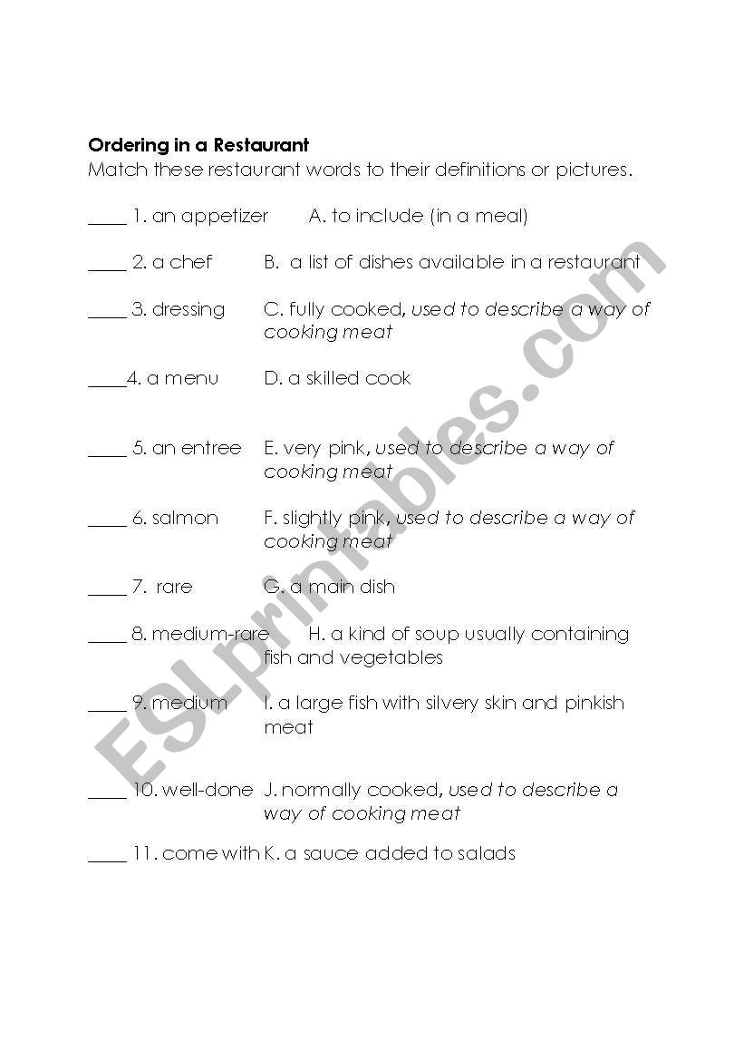 Matching Exercise for Ordering in a Restaurant