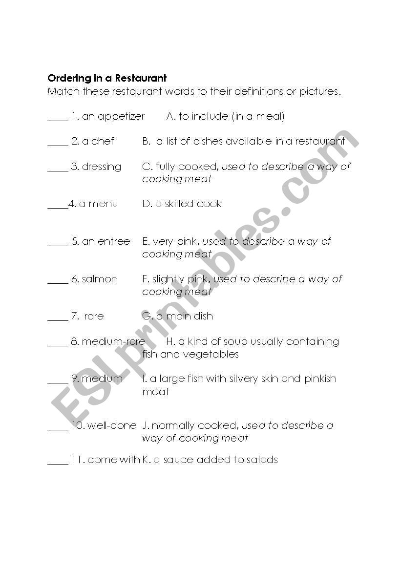 Matching Exercise for Ordering in a Restaurant