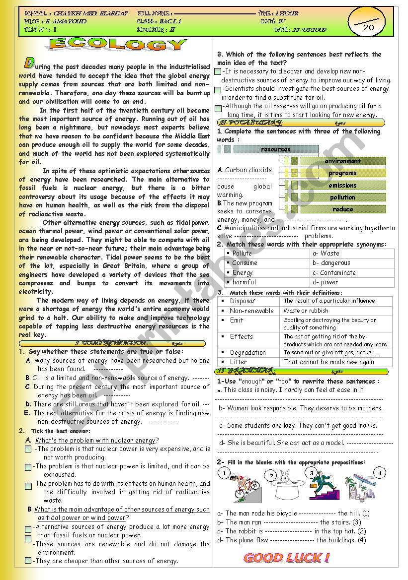 Exam about Ecology worksheet