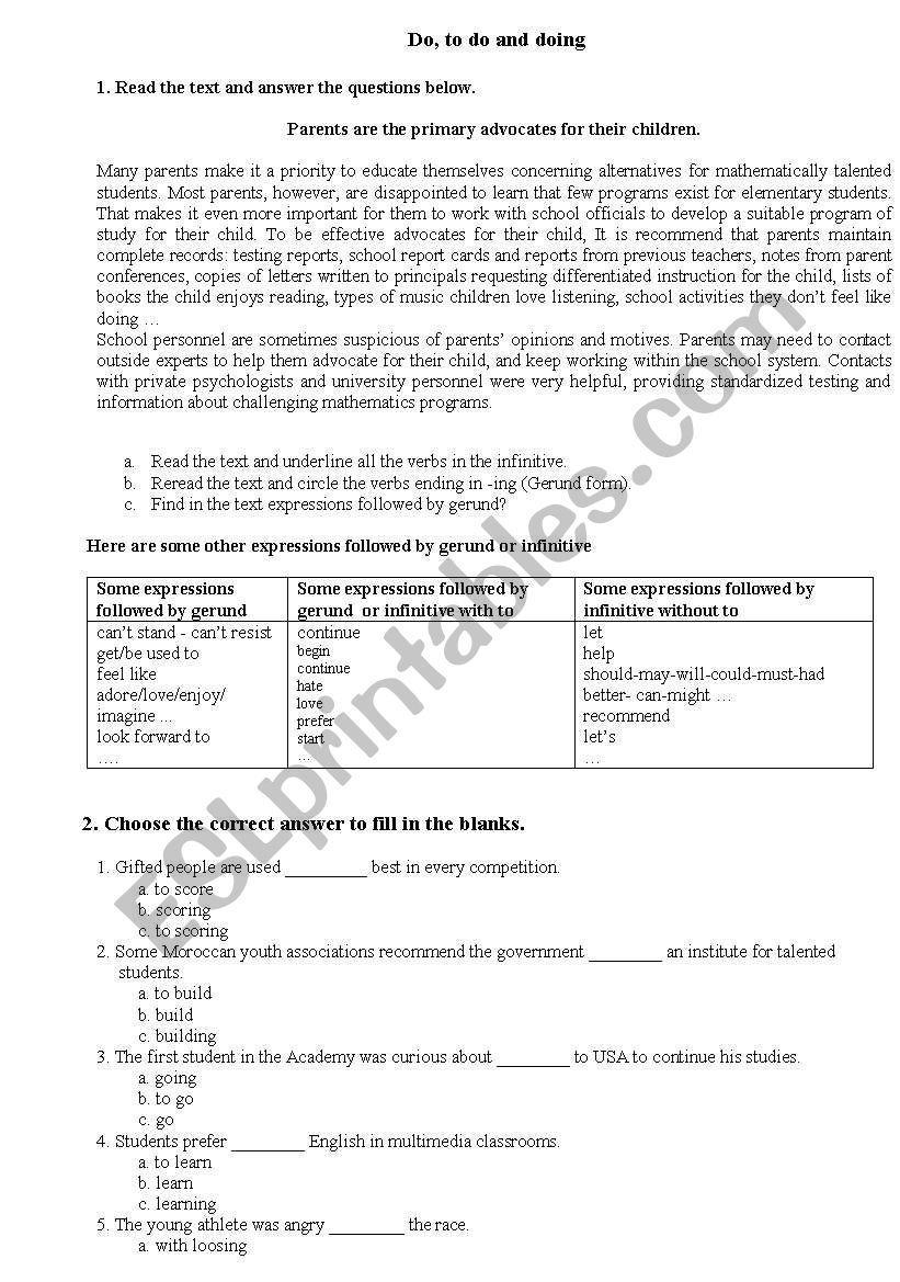 Infinitive Gerund worksheet