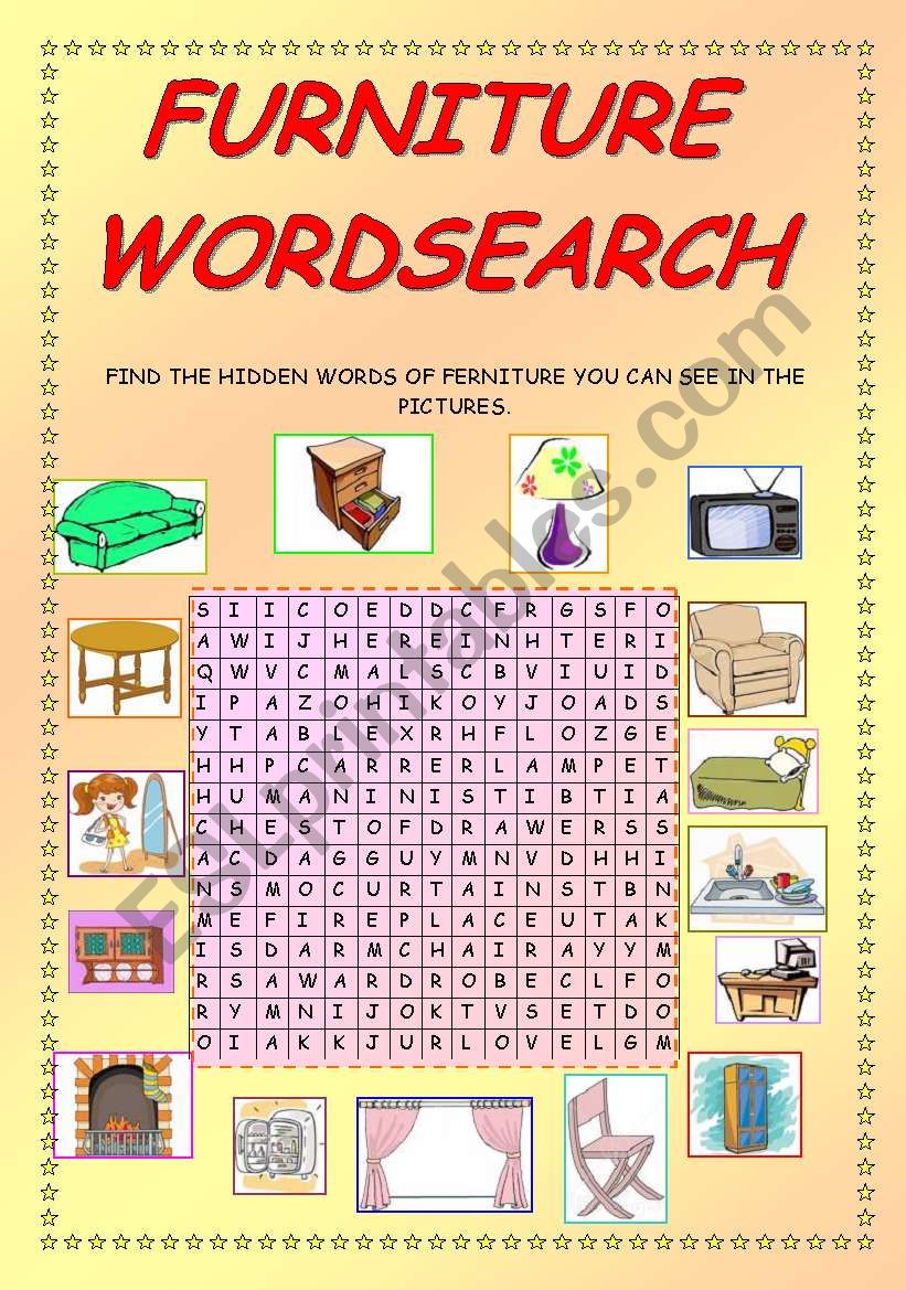 Furniture wordsearch + KEY worksheet
