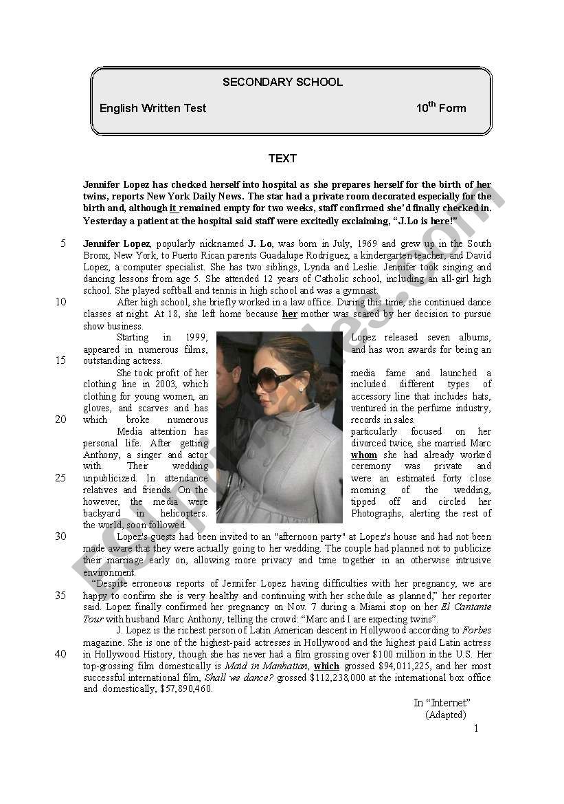 Test on  a celebrity-Jennifer Lopez