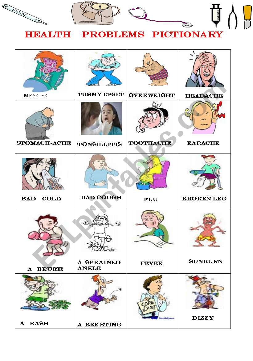 Health problems pictionary worksheet