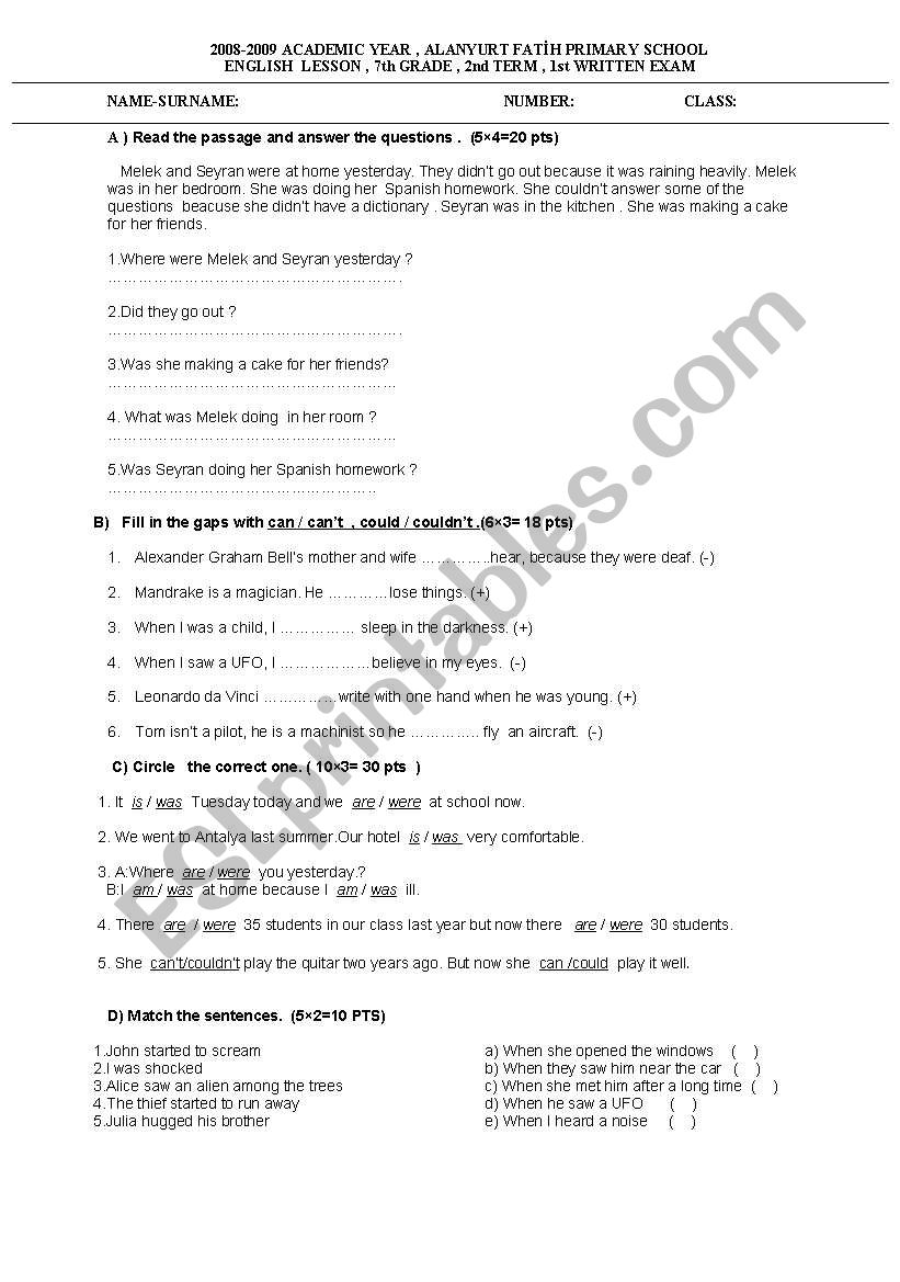 exam for 7th grade worksheet