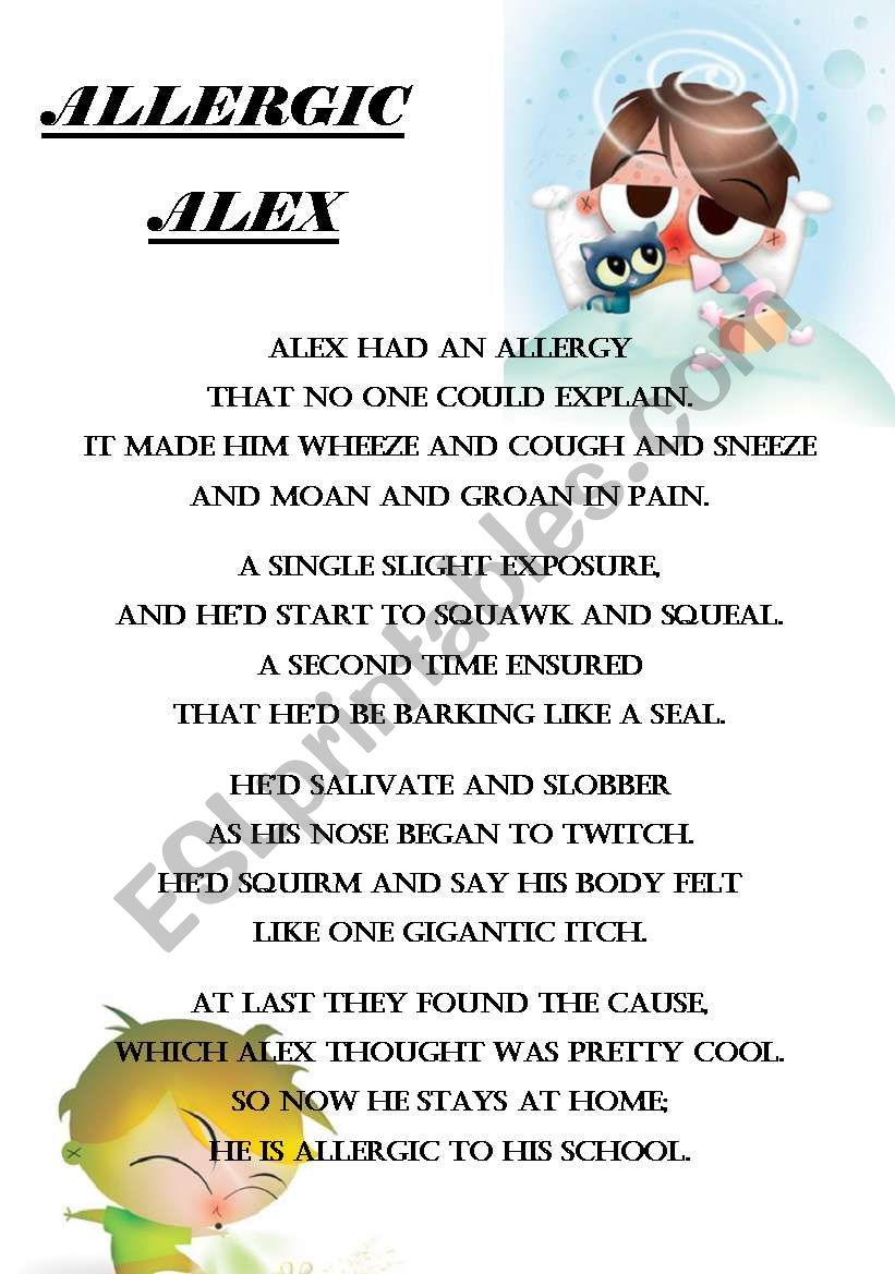 Allergic Alex - Poem worksheet