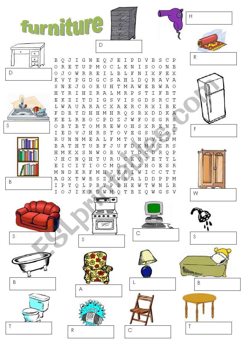 Furniture word search worksheet