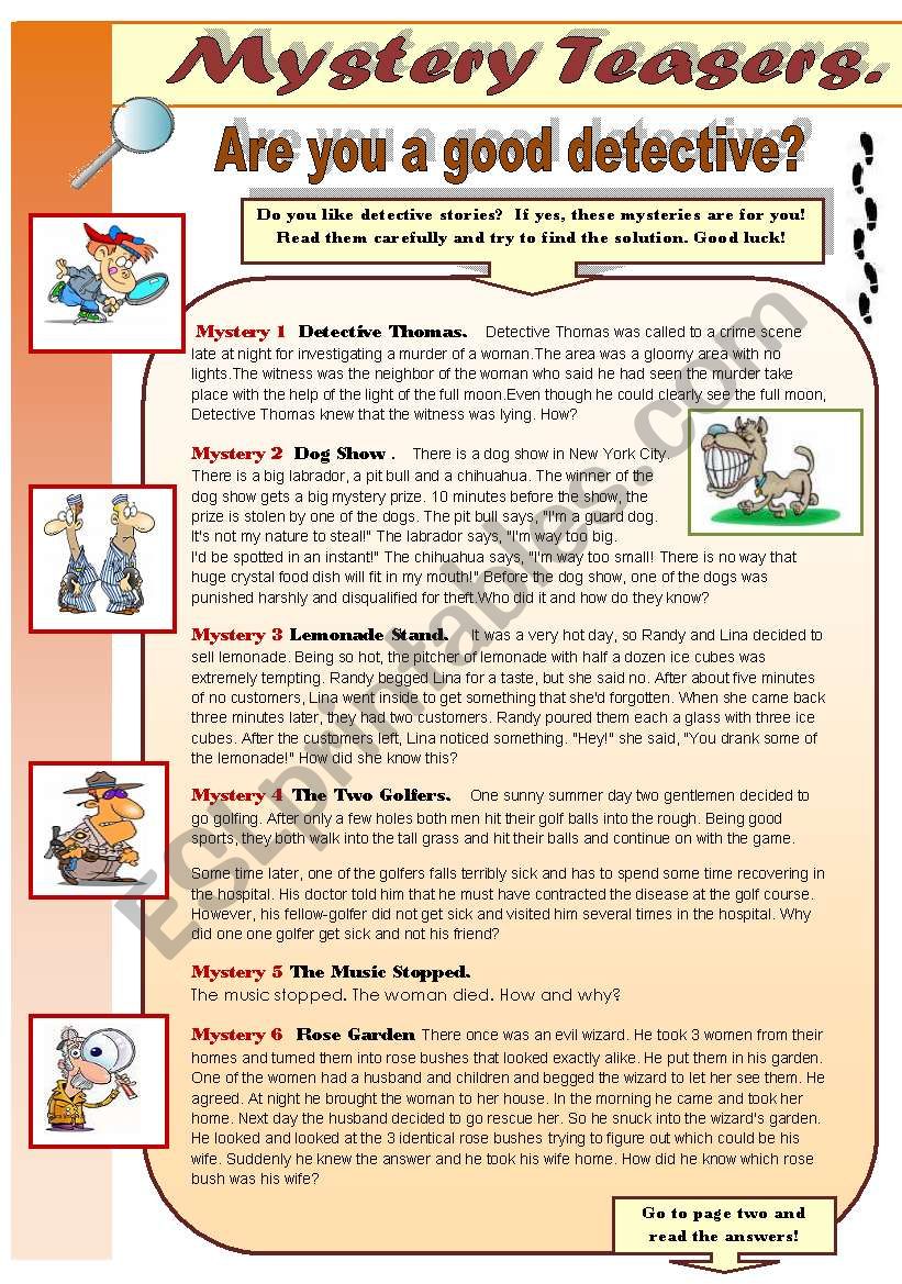 MYSTERY TEASERS! PART 2 - reading activity -amazing detective brain teasers for you and your students (with keys)