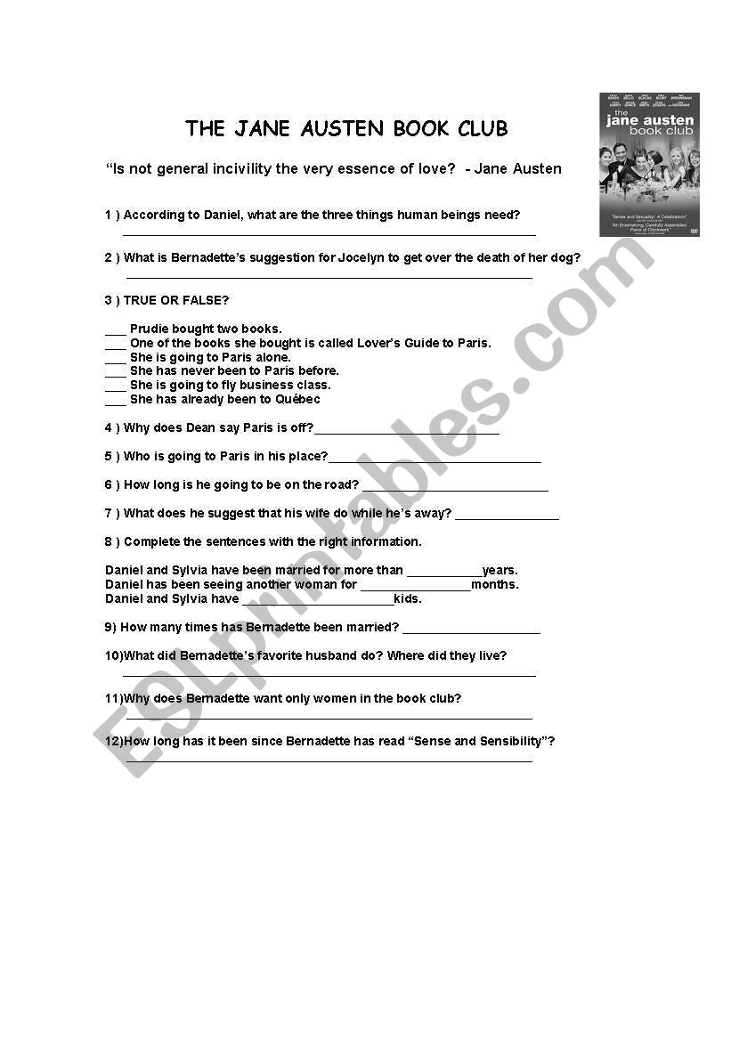 The Jane Austen book Club worksheet