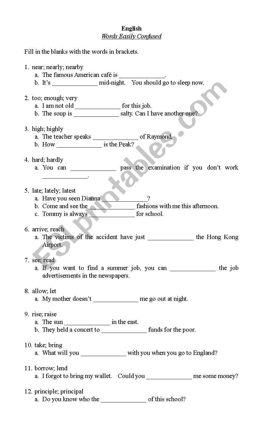 Words easily confused worksheet