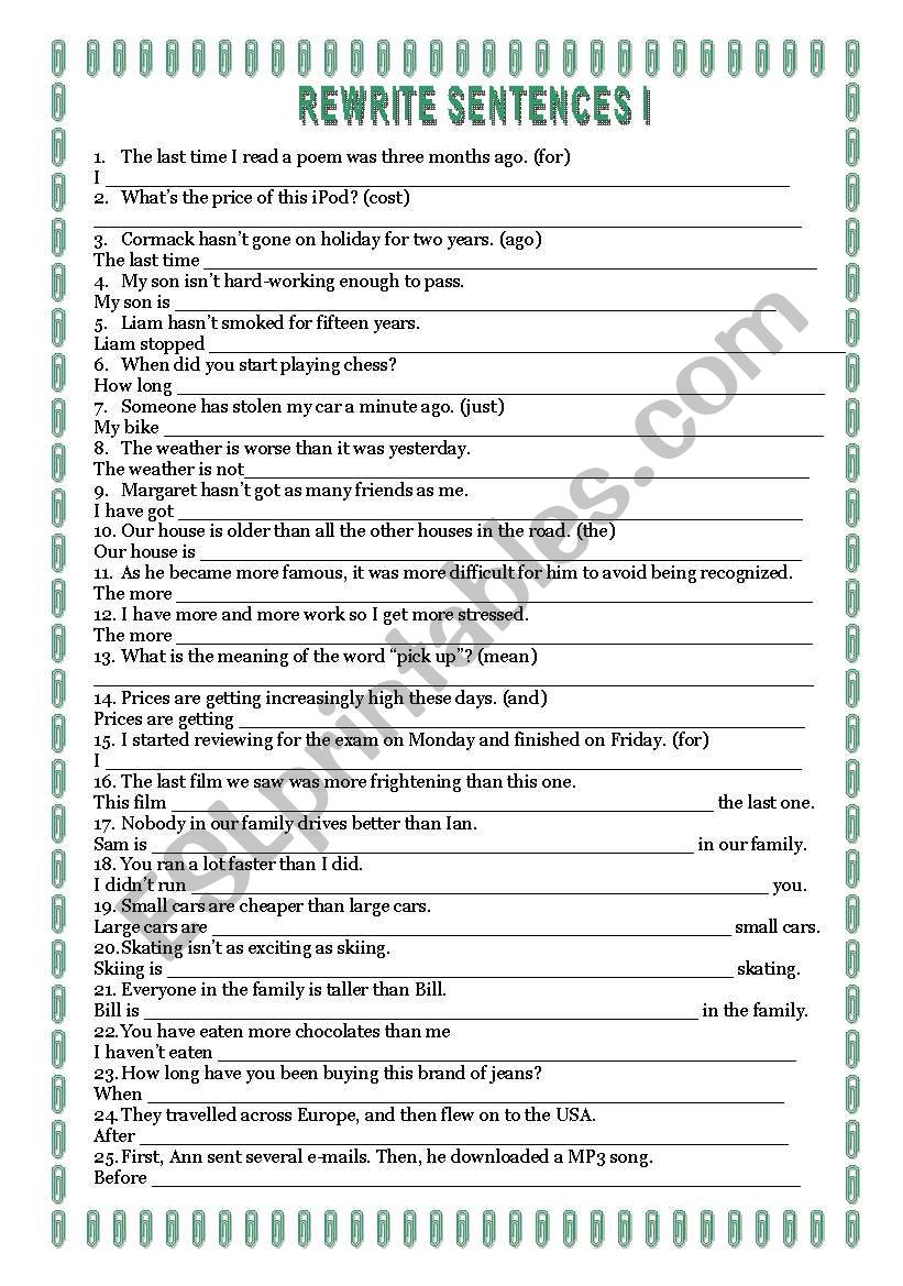 REWRITE SENTENCES 1 worksheet