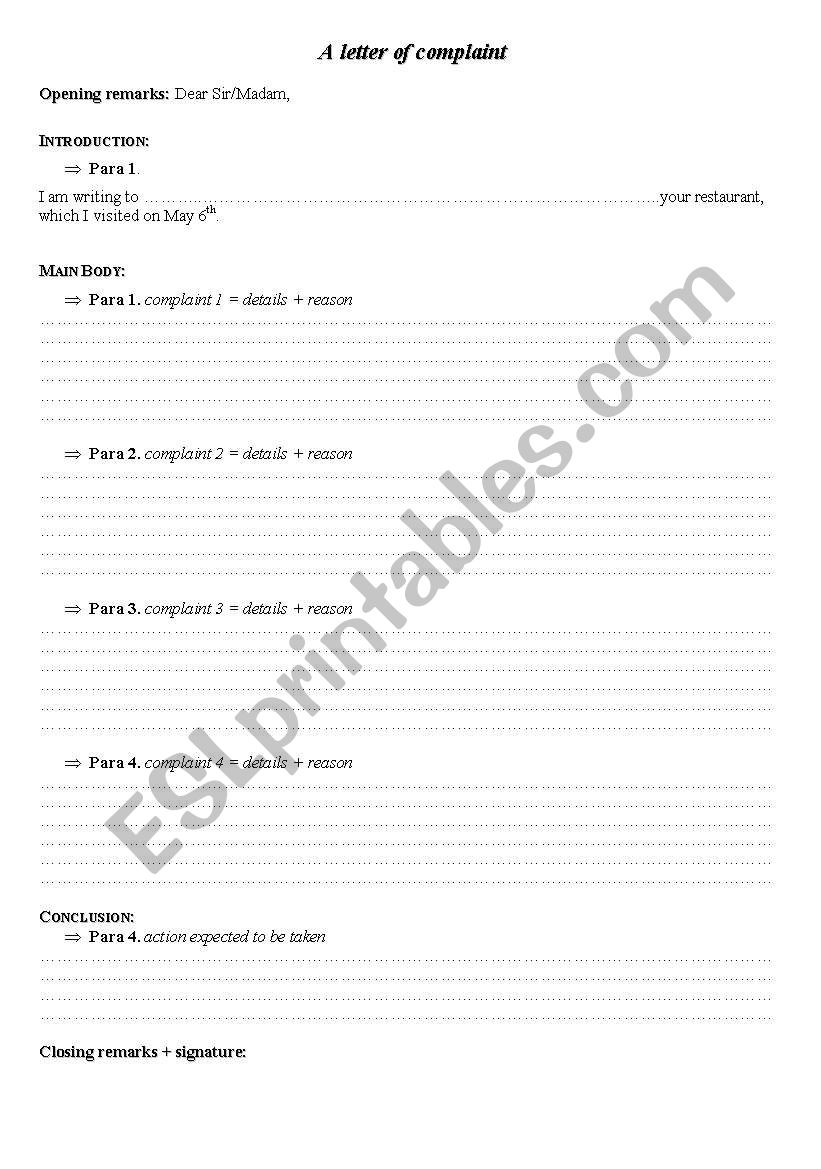 A letter of complaint worksheet