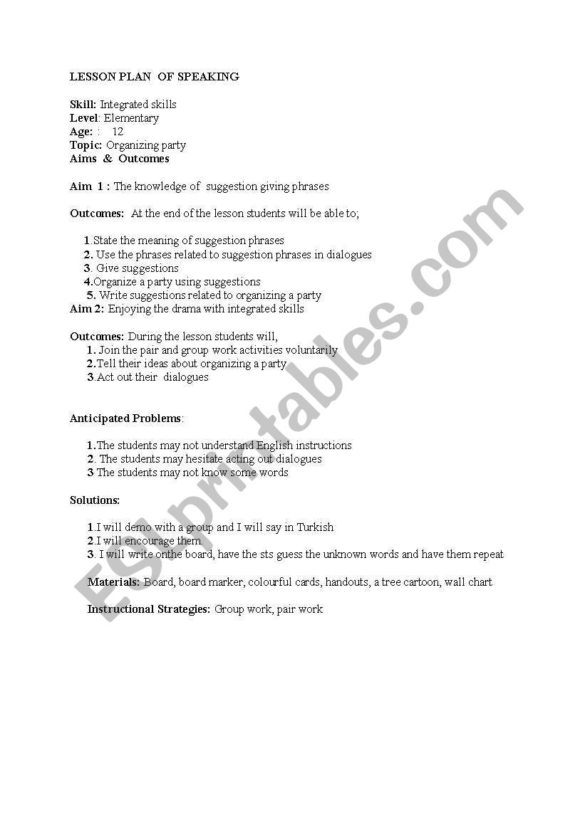 Speaking -Organizing a party worksheet