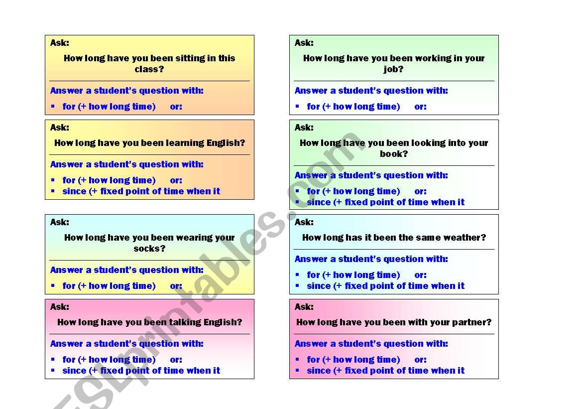 Present Perfect with for and since - activity cards, walkaround